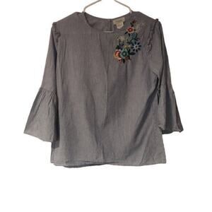 Passport Womens Flare Sleeve Embroidered Top Stripe Black Sz Medium‎ 100% Cotton